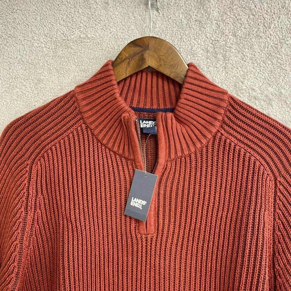 NEW Lands' End Drifter Men's L 1/4 Zip Sweater Rust Red 100% Cotton